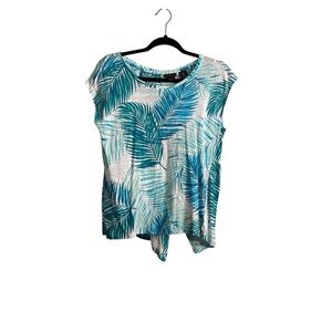 Tahari Blue Tropical Leaf Linen Top With Button Up Back Size Medium